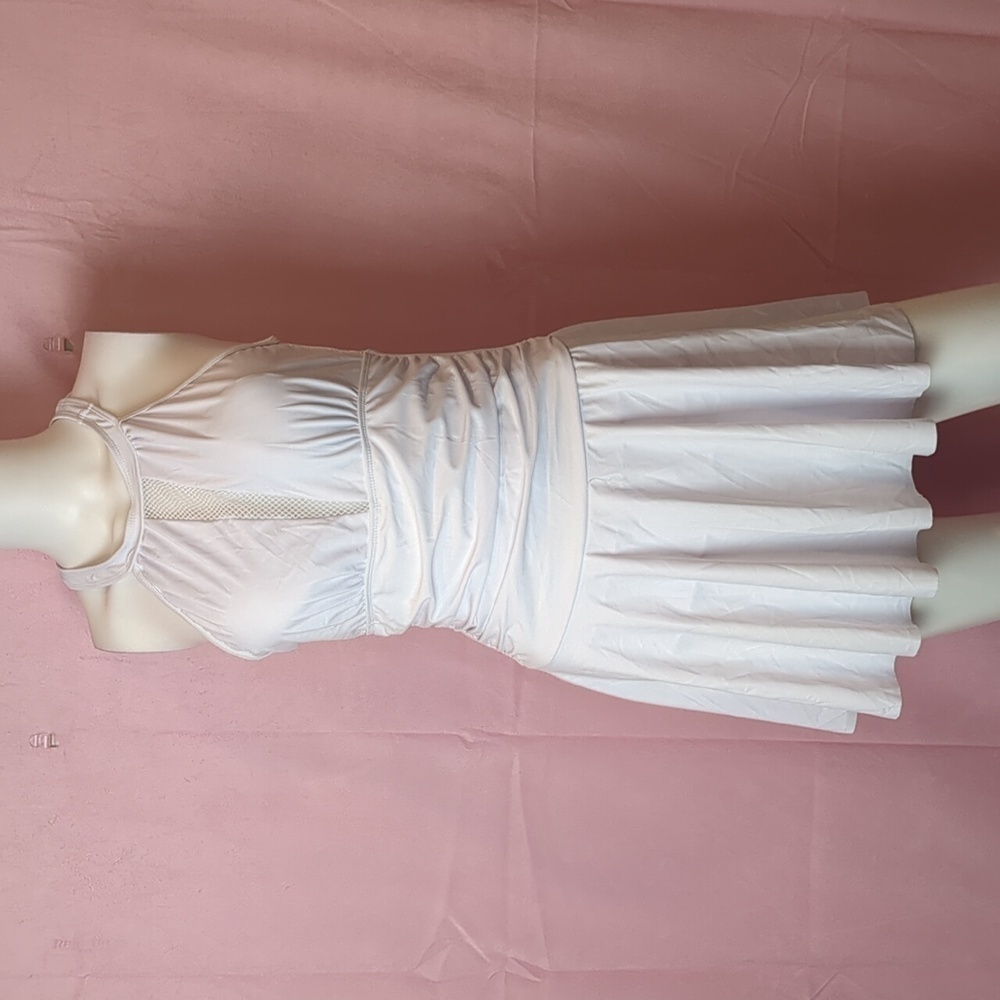 New White Fishnet Insert High Neck Ruched One Piece Swimsuit with Skirt Medium